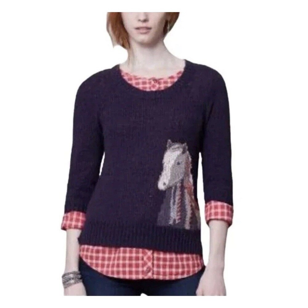 Anthropologie Moth Sweater Purple Saddleback Embroidered Horse 3/4 Sleeve Knit S